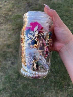 Mason Jar of Mixed Fashion Jewelry - Gold, Pearlescent, Pink Accents